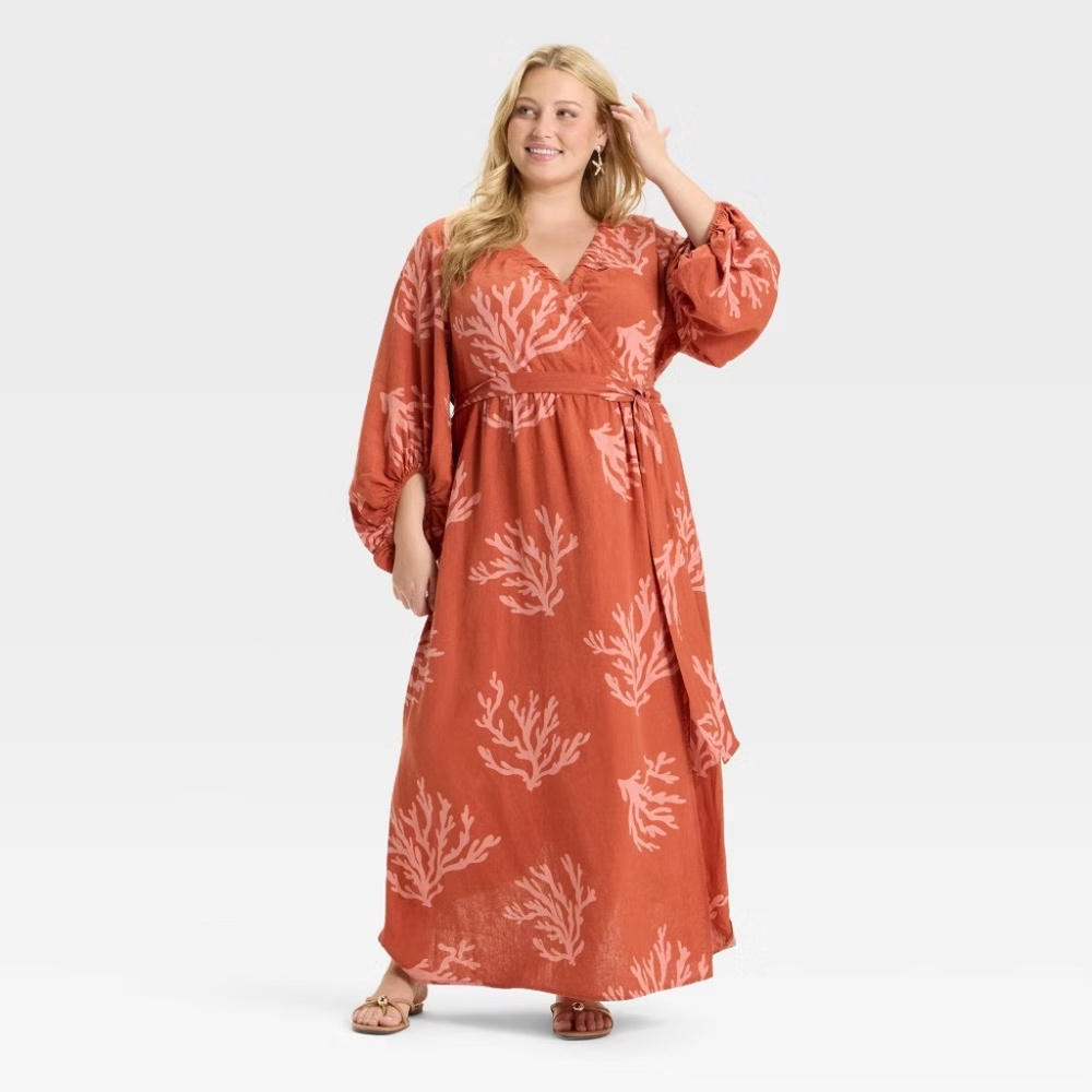 NWT Ava & Viv Rust Coral Print Wrap Maxi Dress Si… - image 2